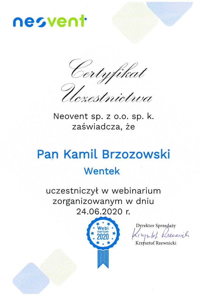 Certyfikat uczestnictwa w szkoleniu wentylacyjnym firmy Neovent